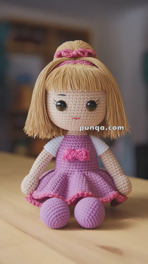 A crocheted doll with blonde hair tied in a bun, wearing a purple dress with a pink bow, and seated on a wooden surface.