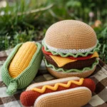 Crocheted hamburger, hotdog, and corn on the cob on a picnic blanket outdoors, surrounded by grass and foliage.