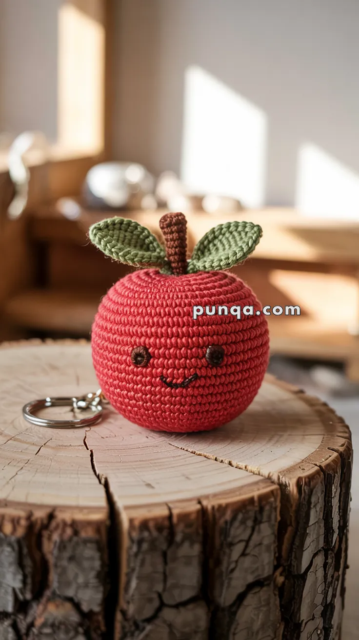 A crocheted red apple with a smiling face and two green leaves on top, attached to a keyring, placed on a wooden surface.