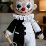 A crocheted clown doll wearing a black and white half-and-half outfit with a ruffled collar and a small top hat, holding a gray hammer in one hand.