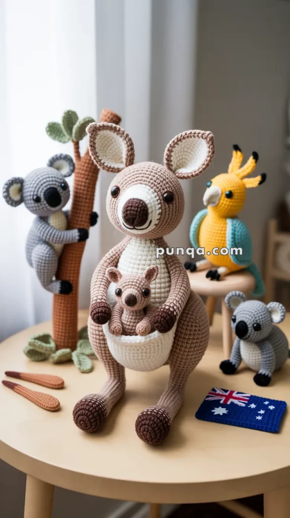 Crocheted kangaroo with a joey, surrounded by crocheted animals including koalas and a cockatoo, on a tabletop featuring a small Australian flag and trees.