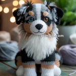 A crocheted dog doll with multicolored yarn sitting on a rustic wooden table, surrounded by balls of yarn and soft glowing lights in the background.