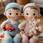Two crocheted dolls sit side by side, one in blue overalls holding a red car, and the other in pink with a headband holding a small bunny toy, placed on a circular knitted mat with heart decorations.