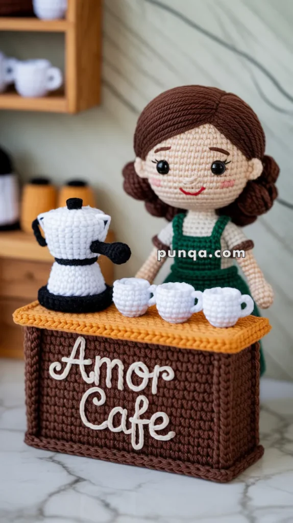 A crocheted doll standing behind a small, crafted table with the words 'Amor Cafe' written on it. The table holds a small crocheted coffee pot and cups. The doll has brown hair and is wearing a green outfit. Shelves with more crocheted cups are visible in the background.