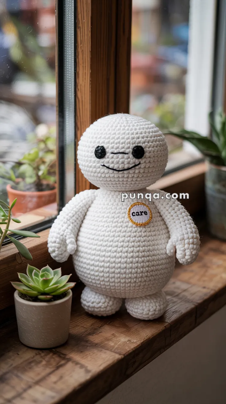 A crocheted stuffed doll resembling a rounded robot with black eyes and a smile, placed on a wooden windowsill next to potted succulents. The doll has a badge labeled "care" on its body.