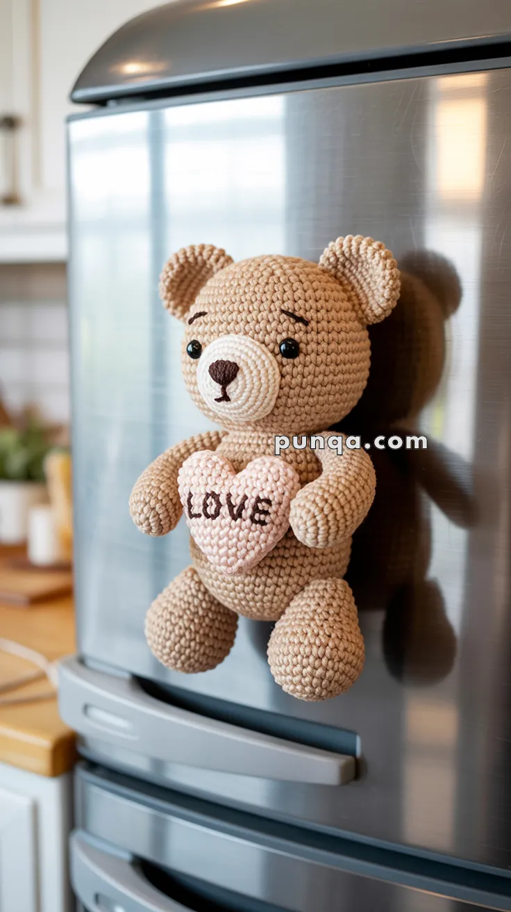 A crocheted teddy bear magnet attached to a refrigerator, holding a pink heart with the word 'LOVE' stitched on it.