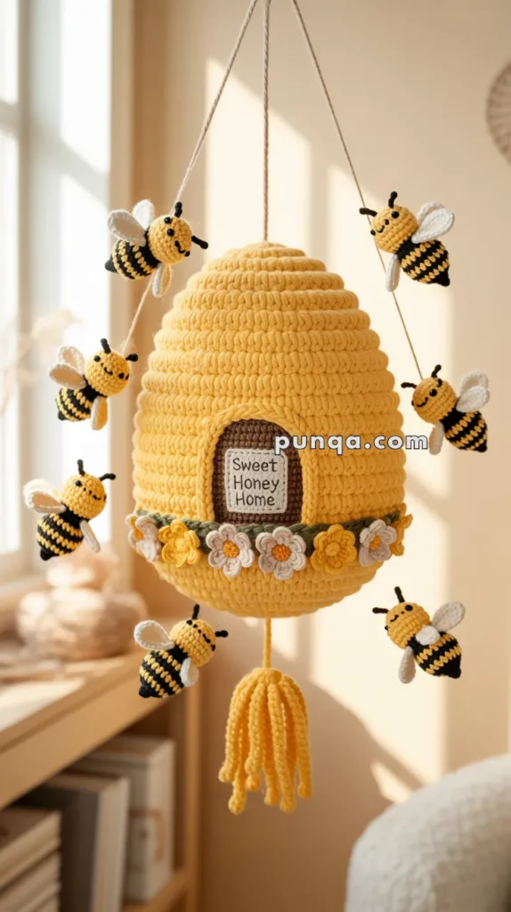 Crocheted beehive mobile with small bees and flowers, featuring a sign that says 'Sweet Honey Home', hanging in a sunlit room.