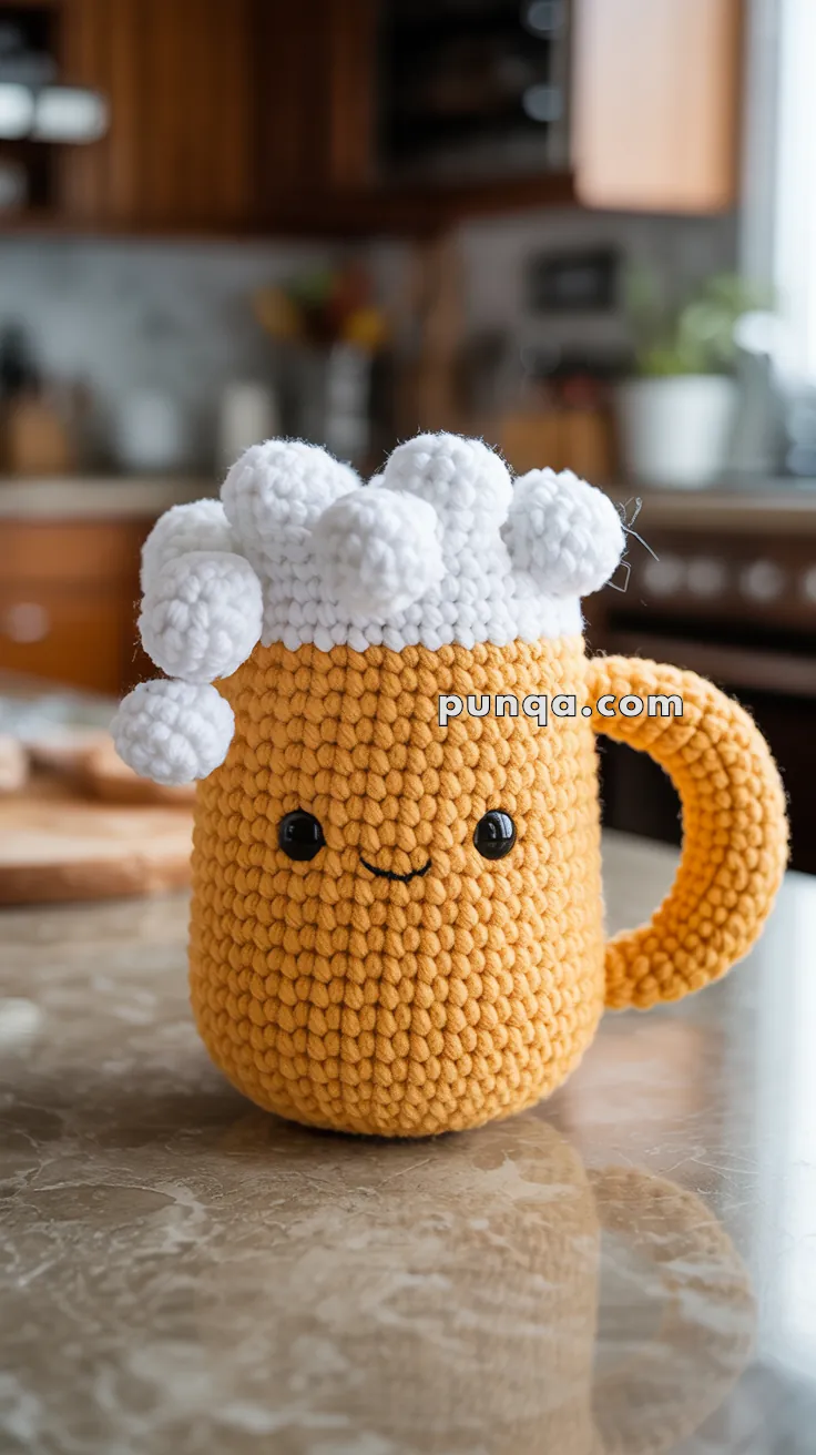 A crocheted mug designed to look like a mug of beer, complete with white foam on top, a smiling face, and a handle, placed on a kitchen counter.