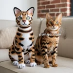 A real Bengal cat sitting next to a crocheted toy cat on a beige couch with a brick wall in the background.