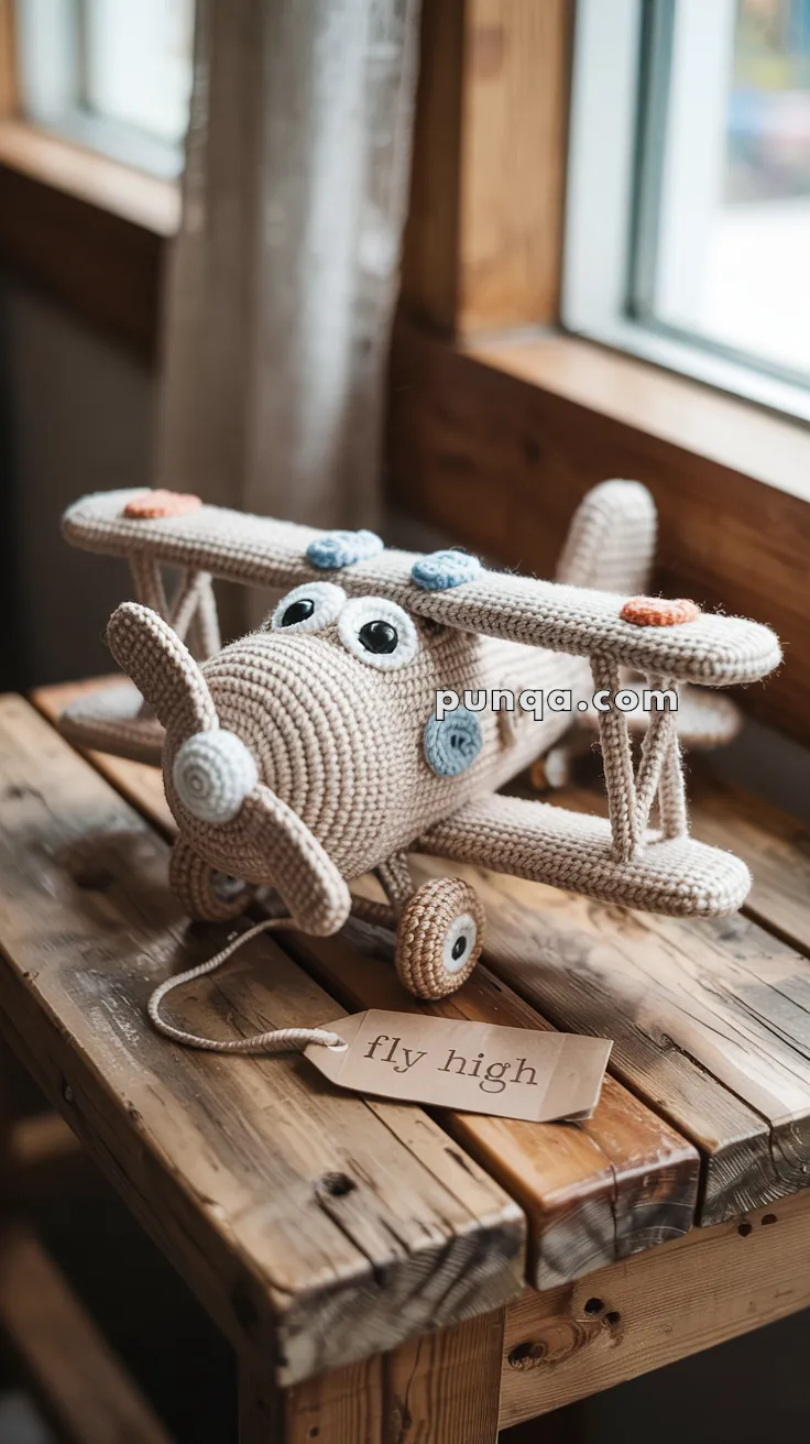 A crocheted toy biplane with large expressive eyes sitting on a wooden table near a window, featuring two wings adorned with orange and blue details. The table holds a tag with the phrase 'fly high.'