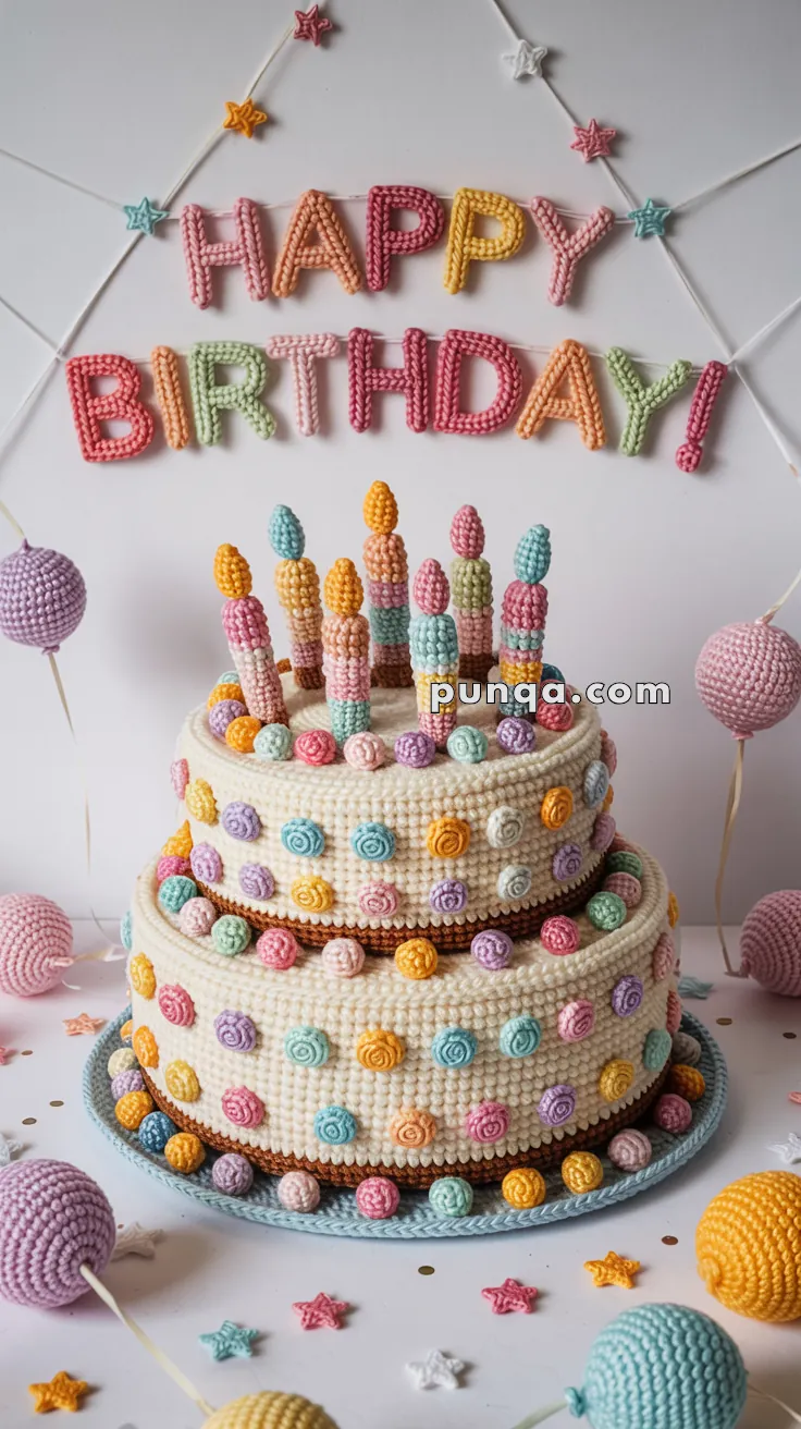 A two-tiered crochet cake decorated with colorful crochet candles and circular designs, with the text 'HAPPY BIRTHDAY!' made from crochet letters hanging above.