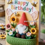 A handmade birthday card adorned with a crochet gnome sitting among colorful flowers and bees, with the text 'Happy Birthday!' at the top.