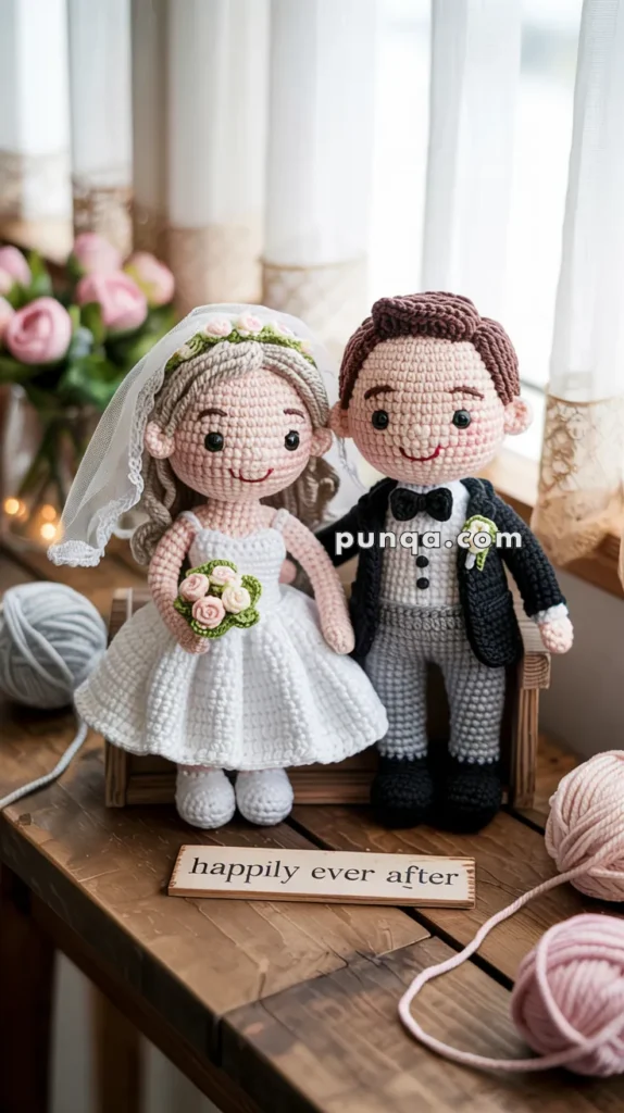 Crocheted bride and groom dolls dressed in wedding attire, with the bride holding a bouquet, placed on a wooden surface alongside a sign that reads 'happily ever after.'