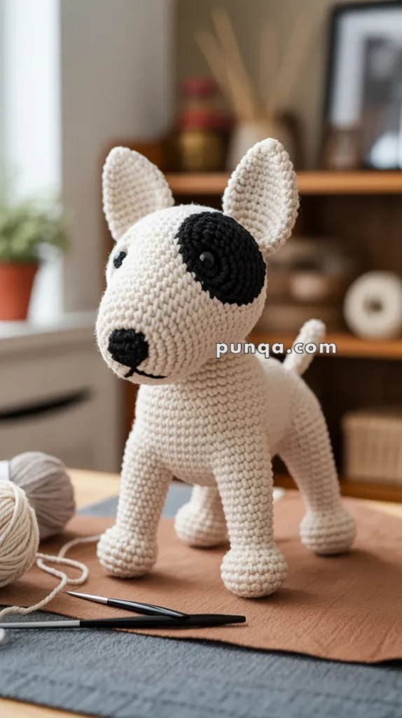 A crocheted dog toy with a black patch over one eye and a black nose, situated on a table with yarn and knitting needles nearby, in a cozy room setting.