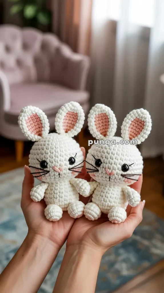 Two crocheted white bunny dolls with large ears held in hands, with a cozy room setting in the background.