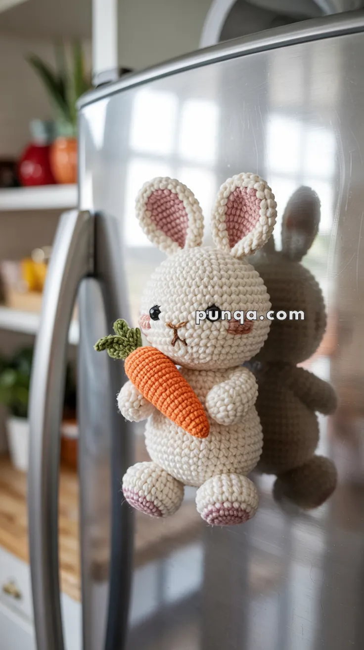 A crocheted bunny magnet with pink ears and a carrot, attached to a stainless steel refrigerator door in a kitchen setting.