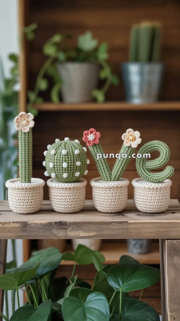Four crocheted succulents in beige pots spell out "LOVE," each resembling a different cactus with small flowers, displayed on a wooden shelf with plants in the background.