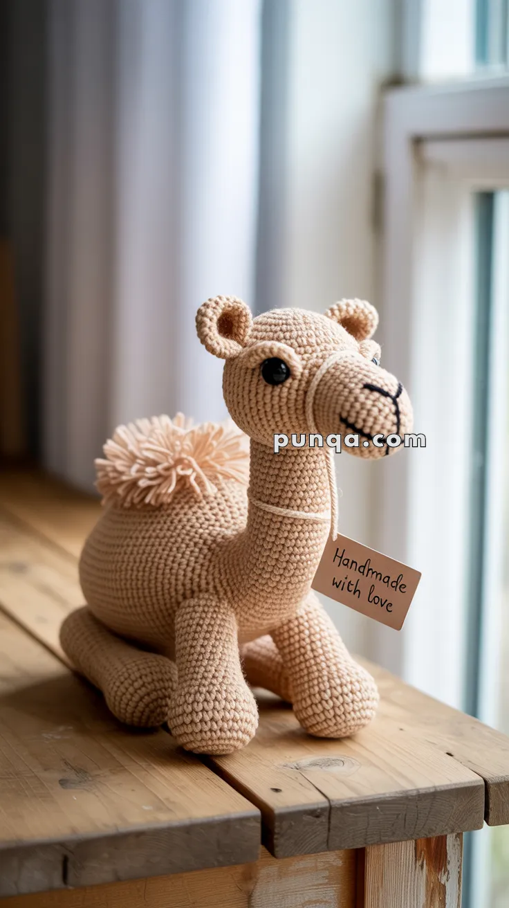 A crocheted camel plush toy sitting on a wooden surface near a window, with a small tag that reads "Handmade with love."