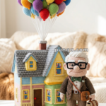 Crocheted model of a house with colorful balloons attached, alongside a figure of an elderly man with glasses and a satchel.