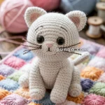 A crocheted toy cat with big black eyes sitting on a colorful patchwork blanket, with balls of yarn in pastel colors in the background.