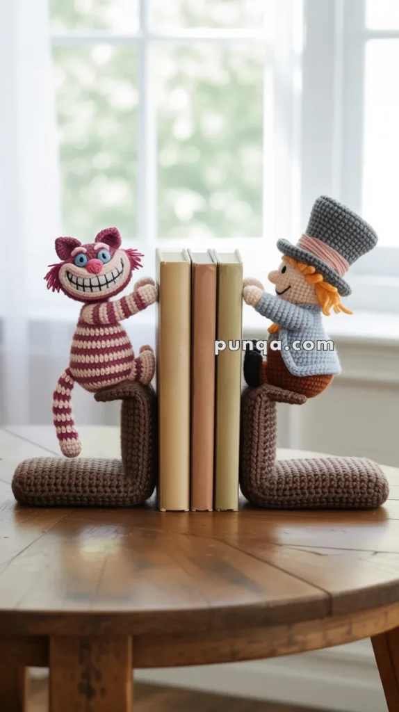Two crocheted bookends on a wooden table, featuring a smiling pink-striped cat on the left and a character with a grey top hat on the right, holding a few books upright between them.