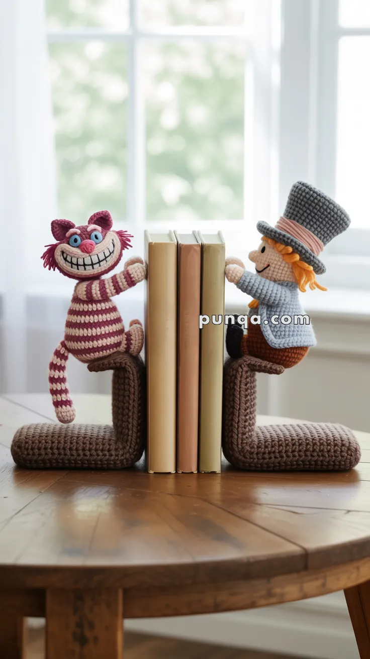 Two crocheted bookends on a wooden table, featuring a smiling pink-striped cat on the left and a character with a grey top hat on the right, holding a few books upright between them.