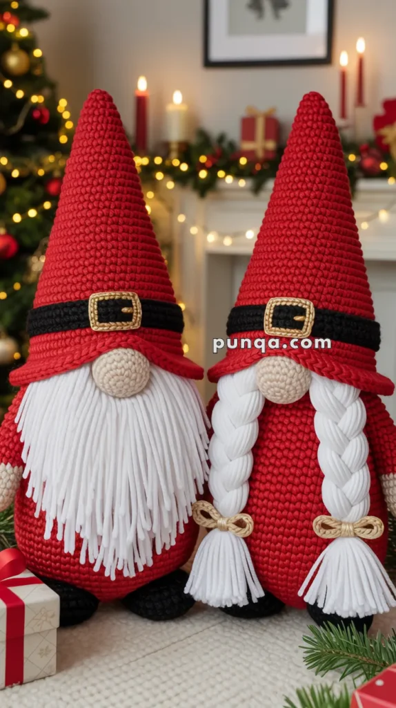 Two crocheted gnome figures with long white beards and red hats stand in front of a Christmas tree and candles, creating a festive atmosphere.