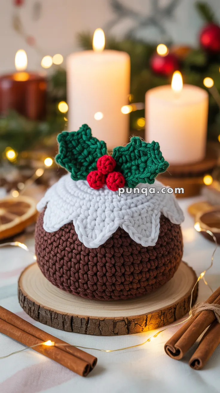 A crocheted holiday pudding with white icing, green holly leaves, and red berries, placed on a wooden coaster, surrounded by cinnamon sticks and festive lights, with candles in the background.