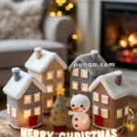 A cozy Christmas scene featuring knitted miniature houses lit from within, a knitted snowman and Christmas tree, and the words 'MERRY CHRISTMAS' in glowing letters on a wooden table, with a blurred fireplace and lit garland in the background.