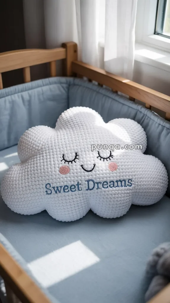 A white cloud-shaped pillow with eyes closed and a smile, featuring the words "Sweet Dreams" embroidered on it, placed on a crib with a light blue mattress.