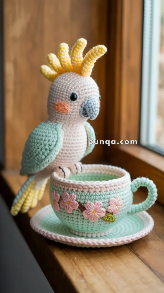A crocheted bird with pastel colors perched on the rim of a crocheted teacup, which has floral designs, sitting on a windowsill.