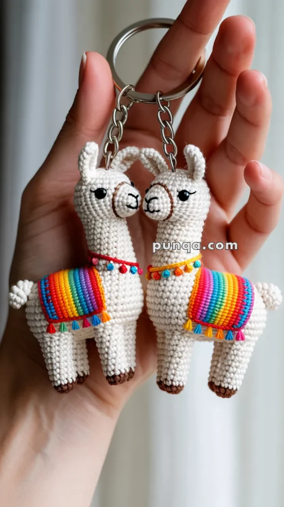 A hand holding two crocheted llama keychains, each adorned with colorful rainbow blankets and decorative accents, connected to a metal key ring.