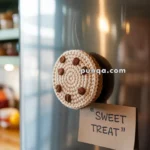 A crocheted item resembling a cookie with chocolate chips, attached to a refrigerator door beside a note that reads "SWEET TREAT."