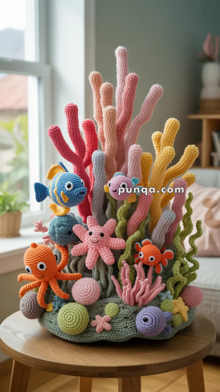 A colorful crocheted underwater scene featuring various sea creatures like an octopus, fish, and starfish among coral and sea plants, displayed on a wooden stool in a room with a window.