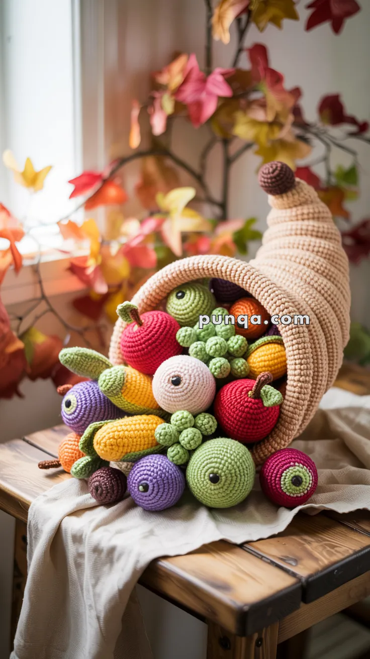 A crocheted cornucopia overflowing with colorful, knitted fruit and vegetables, such as apples, bananas, grapes, and more, set on a wooden table with autumn leaves in the background.