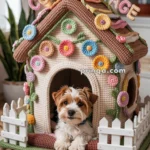 A small dog sitting inside a crocheted dog house labeled 'Cozy Cottage,' decorated with colorful crochet flowers and vines, with a small white picket fence in front.