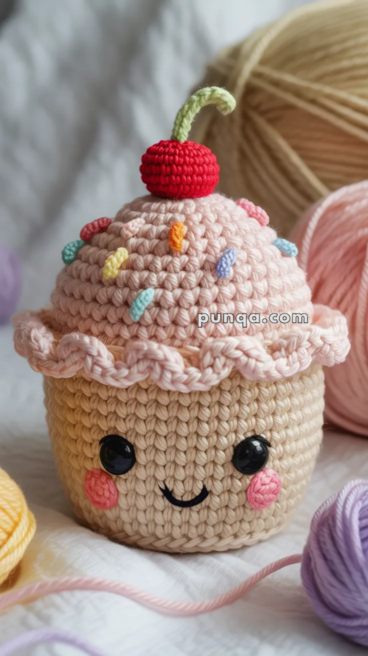 A crocheted cupcake toy with a smiling face, featuring a pink icing top, colorful sprinkles, and a red cherry on top, surrounded by balls of yarn.