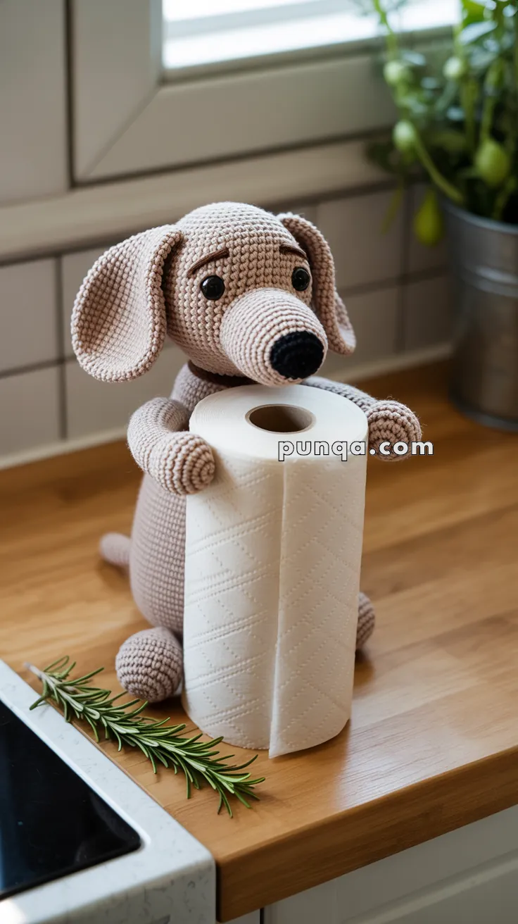 A crocheted dog holding a roll of paper towels on a wooden kitchen counter, with a sprig of rosemary next to it.