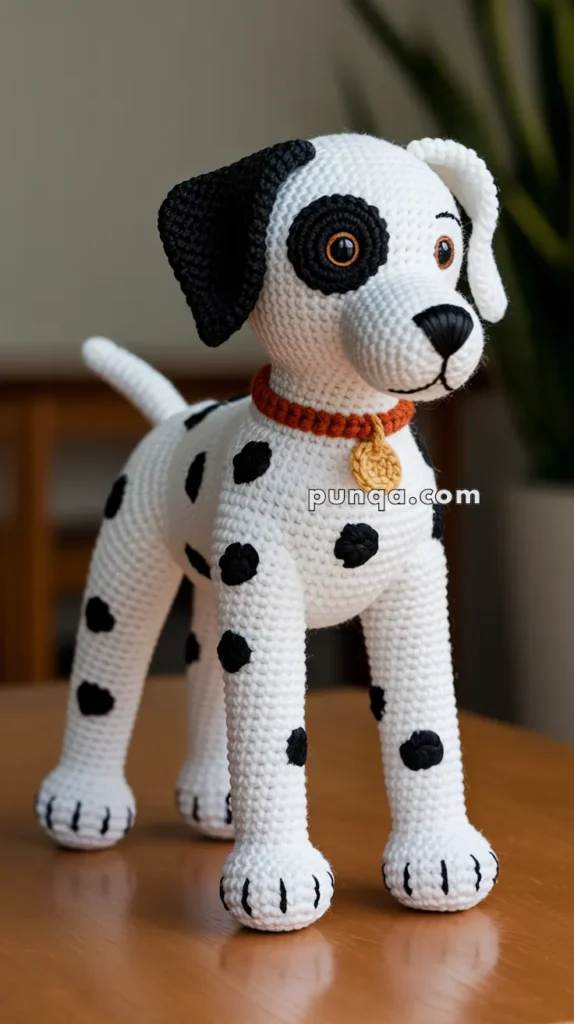 Crocheted dalmatian dog with black spots and a red collar with a yellow tag, positioned on a wooden surface.