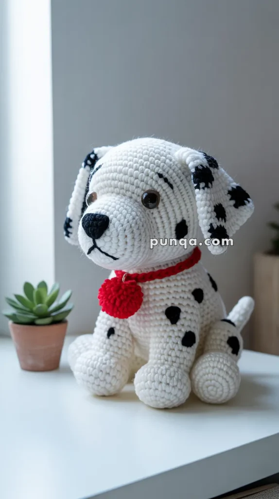 A crocheted Dalmatian toy with black spots and a red collar sits on a white table next to a small potted succulent plant.