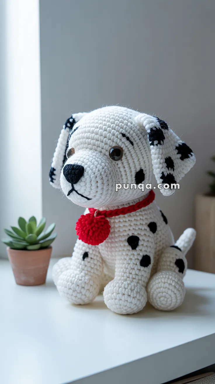 A crocheted Dalmatian toy with black spots and a red collar sits on a white table next to a small potted succulent plant.