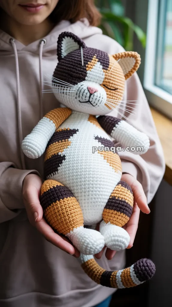A person holding a crocheted cat toy with a mix of brown, orange, and white colors, featuring a whimsical and smiling face.