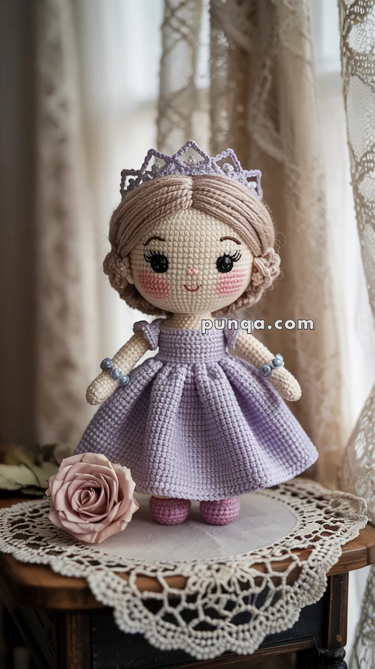 Crocheted doll with a lavender dress and a matching crown, standing on a lace doily next to a rose, in front of a lace curtain.