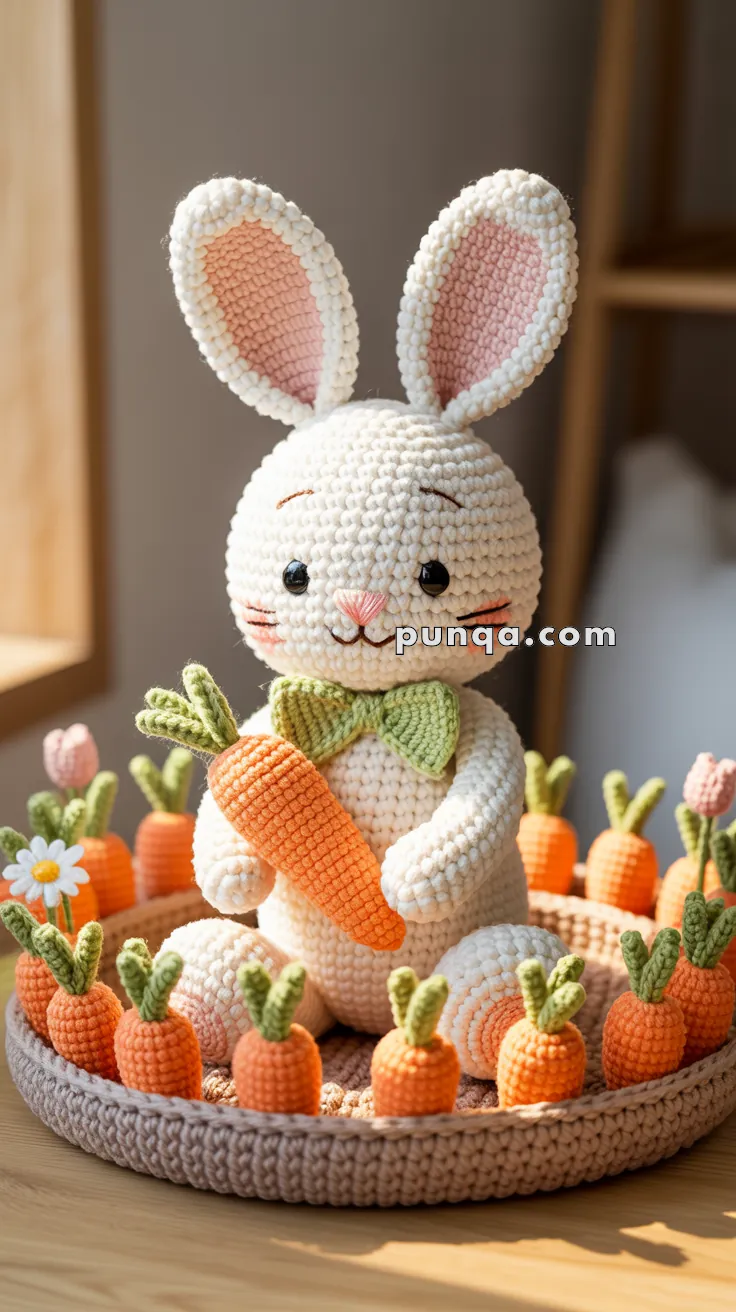 A crocheted bunny holding a carrot, surrounded by small crocheted carrots in a circular arrangement.