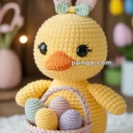A crocheted yellow duckling with an orange beak and embroidered eyelashes, holding a basket of pastel colored eggs, set against a background decorated with colorful bunting flags.