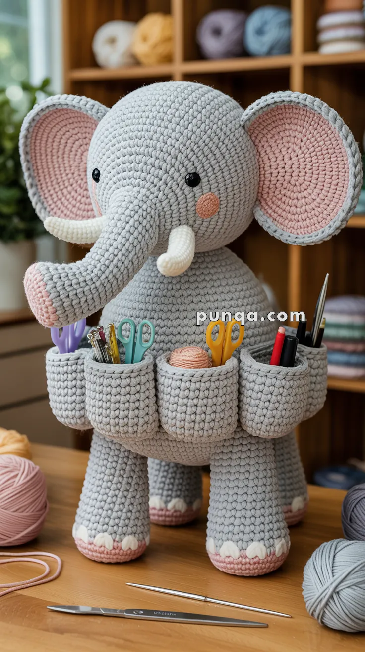 A crocheted elephant figure with multiple pockets on its body, holding various stationery items like scissors and pens, displayed on a wooden table with yarn and crafting tools nearby.