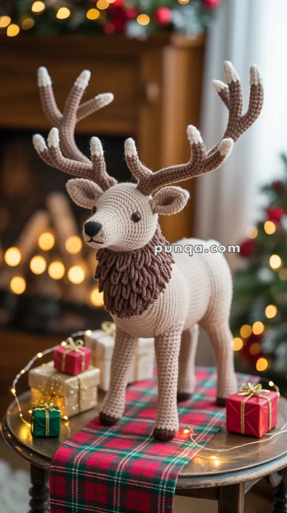 A crocheted reindeer with detailed antlers stands on a table decorated with a red and green plaid runner, surrounded by small wrapped Christmas gifts and string lights.