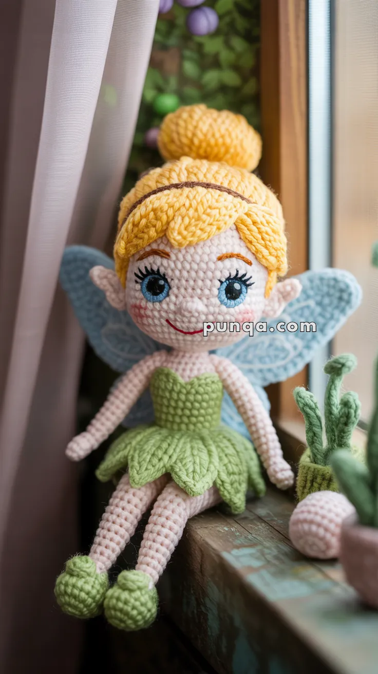 Crocheted fairy doll with yellow hair styled in a bun, wearing a green dress and blue wings, sitting on a wooden surface by a window.