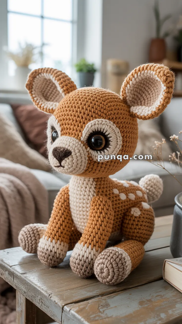 Crocheted deer plush toy with large eyes and spots, sitting on a wooden table in a cozy room.