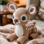 A crocheted deer toy with large eyes and a friendly expression, sitting on a soft beige blanket in a warmly lit room with a lamp in the background.